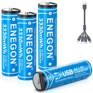 ENEGON 4-Pack 3300mWh AA Rechargeable lithium-ion Batteries with 4-in-1 Charging Cable - Direct Type C Charging