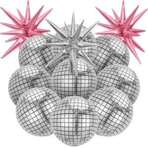 12Pcs Disco Ball Balloons Pink Silver