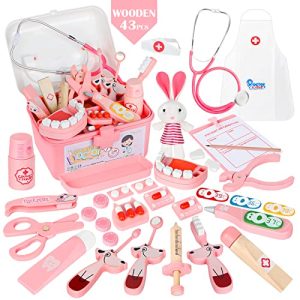Wooden Doctors Set for Kids Dentist Toys for Kids Doctors Kit Toys Age 3 4 Role Play Toys Gifts for 3 4 5 Year Olds (43Pcs)