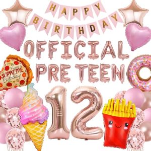 12th Birthday Decorations for Girls - Rose Gold Official Pre-Teen Party Balloons Happy Birthday Banner Love Stars Donuts Ice Cream Pizza Foil Balloons for 12 Year Old Party Supplies