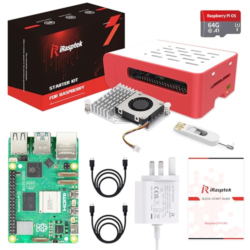 iRasptek Raspberry Pi 5 8GB Starter Kit - 64GB Pre-installed Raspberry Pi OS（Red&White Case）