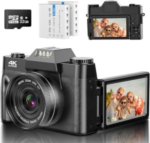 Digital Camera AutoFocus 4K 56MP UHD Vlogging Camera with 16X Digital Zoom 3.0 Inch Compact Camera with 180 Degree Rotation Flip Screen Camera for Beginners Adults 32GB Micro SD Card & 2 Batteries