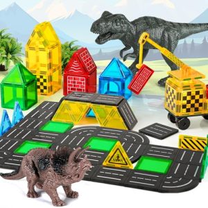 Magnetic Tiles Road Building Blocks - Magnet Crane Car Set for Kids Montessori Preschool STEM Learning Construction Dinosaur Toddler Toys for 3 4 5 6 7 8+ Year Old Boys Girls Christmas Birthday Gifts