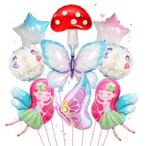 Fairy Birthday Decorations Party Balloons - 9pieces Butterfly Star Mushroom Round Foil Balloons for Kids Girls and Women Birthday Baby Shower Decoratio