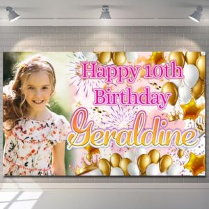 Personalised Happy Birthday Backdrop Background Banner Gold Flower Butterfly Poster Fabric Glitter Party Decorations girls children woma