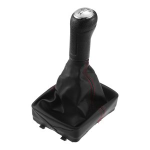 A ABSOPRO 5 Speed Manual Gear Shifter Knob with Cover for VW Polo 2001-2009 Plastic Faux Leather Gearbox Stick Shifter Lever Knob Black with Red Stitches