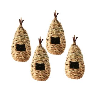 My Garden Bird Nesting House Straw Hanging Roosting Pouch For Wild Birds Hanging Birdhouse Natural Woven Hut Pouch Ideal Home Garden Outdoor Decoration Wild Bird Nesting Boxes (4Pack)