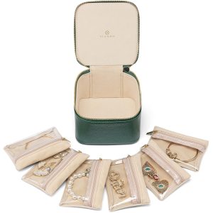 Vlando Small Jewellery Box Organiser Travel Jewelry Storage with 6 Velvet Jewellery Zipper Pockets