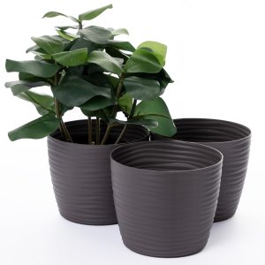 Home Garden Ornaments VITO Anthracite Plant Pots Indoor 19cm Diameter Set of 3 - Plastic Plant Pot with 3D Wave Effect - Flower Pots Outside - Flower Pot No Drainage Holes (Ø19cm