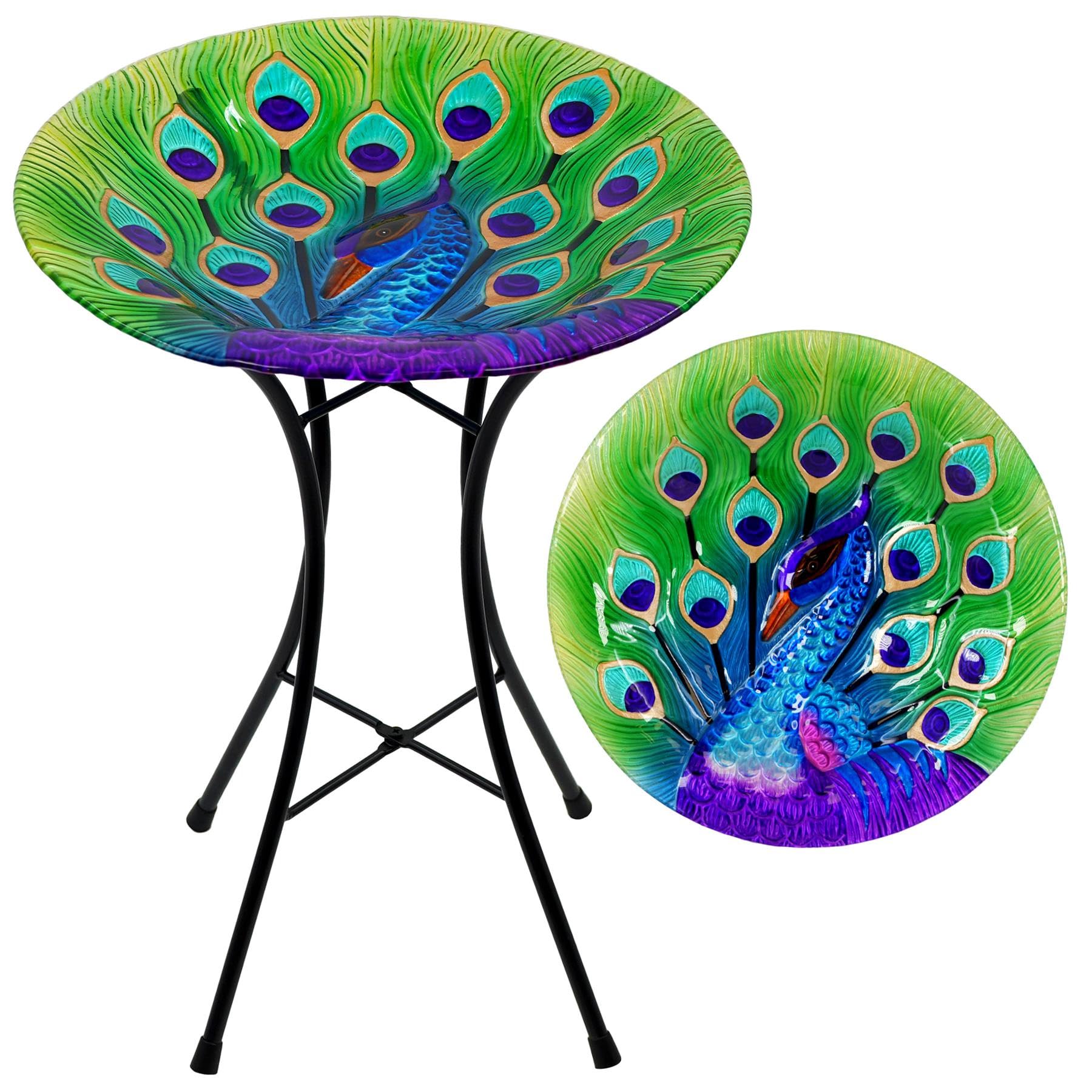 GEEZY Glass Bird Bath for Garden Feeding Station Bird Table Peacock Design Outdoor Bird Feeder Lawn Patio Garden Decoratio