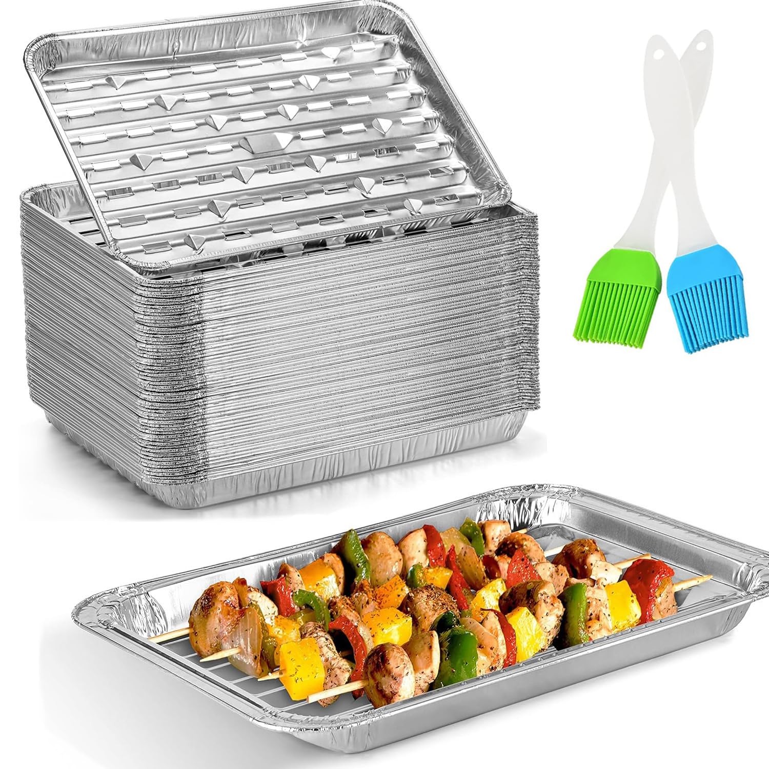 CHAMSUREUK [20-Pack] Disposable Barbecue Tray 34 x 23 x 2.8cm Aluminum Foil Perforated Grill Containers Aluminum Foil Pans Barbecue Grilling Trays Baking Plate with Holes for Grilling