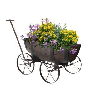 My Garden Wagon Planter Decorative Flower Pot Stand With Handle & Wheels Plants Half Barrel Wooden Cart Large Planter For Outdoor Indoor Ideal For Flowers & Shrubs