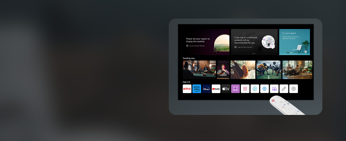 Image of webOS home UI and remote control.