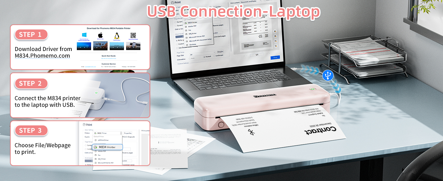 phomemo m834 USB-C thermal inkless portable wireless mobile printer Windows Chrome OS Linux computer