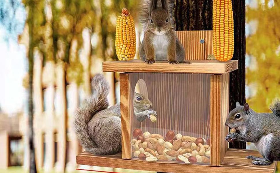 Wood Squirrel Feeder, Squirrel Feeder House Squirrel Food Feeder Box Chipmunk Feeder Box