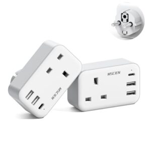 2 Pack UK to European Europe EU Plug Adapter with 3 USB (1 USB C)