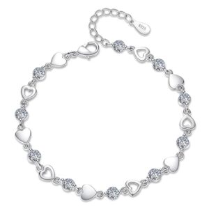 Sterling Silver Bracelet for Women 925 Sterling Silver Love Heart Bracelet Shiny Crystal Diamond Adjustable Love Heart Bracelet for Women Girls Charm Bracelet Ladies Bracelets Jewellery for Wome