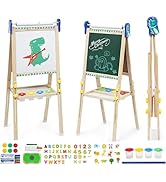 Kids Easel Double Sided Toddler Wooden Easel Chalkboard Whiteboard Foldable Art Easel Height Adju...