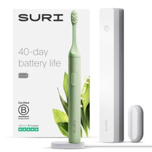 SURI Sustainable Sonic Toothbrush - Electric Toothbrush Adults - Slim and Powerful Travel Toothbrush with UV Cleaning Case - Recyclable Plant-Based Head