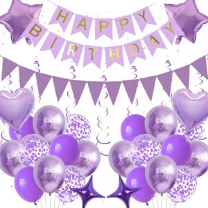 Happy Birthday Banner Party Decorations - Purple Theme Decoration Kit Includes Banner Pennant Hanging Swirl Latex Star Love Heart Balloons for Girls and Women Party Supplies