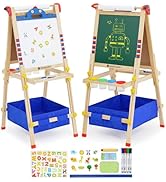 Kids Easel with Paper Roll Double Sided Chalkboard Whiteboard Toddler Wooden Painting Art Standin...