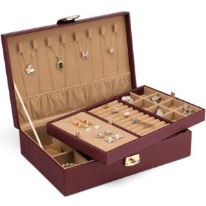 Vlando Jewelry Box 2 Layer Large Jewelry Organizer PU Leather Display Jewellery Holder with Removable Tray for Necklace Earrings Rings Bracelets