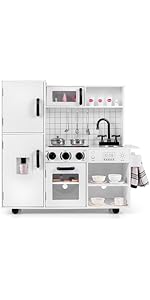 GYMAX Kids Play Kitchen, Wooden Toy Kitchen with Stoves, Sink, Lights, Sounds, Water Dispenser, O...