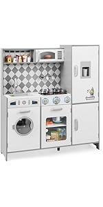GYMAX Kids Play Kitchen, Wooden Toy Kitchen with Microwave, Ice Maker, Washing Machine, Oven, Sto...