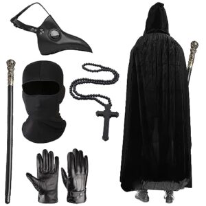 Maazusa Plague Doctor Costume Men's Plague Doctor Outfits Plague Doctor Mask Sets with Black Hooded Cape/Shawl for Halloween World Reading Day Cosplay