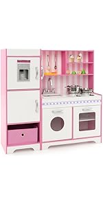 GYMAX Kids Play Kitchen, Wooden Kitchen Playset with Adjustable LED Lights, Ice Maker, Telephone,...