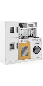 GYMAX Kids Play Kitchen, Wooden Toy Kitchen with Microwave, Water Dispenser, Washing Machine, Ove...
