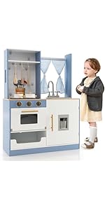 GYMAX Kids Play Kitchen, Wooden Kitchen Playset with Curtains, Stoves, Sink, Oven, Water Dispense...