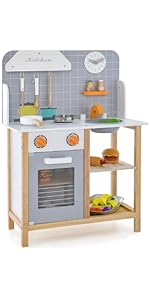 GYMAX Wooden Play Kitchen, Kids Kitchen Playset with Oven, Stove, Sink, Shelf & Cookware Accessoi...