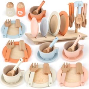Wooden Tea Set for Toddlers Toy Kitchen Accessories 27 PCS Kids Pots Pans Playset Wooden Play Food for Toddlers Baby Montessori Toys for 1 2 3+ year old