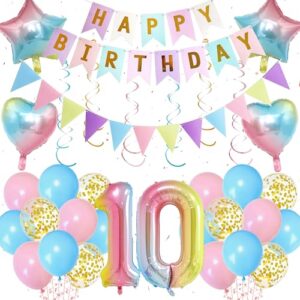 Rainbow 10th Birthday Decorations Girls - 61 Piece 10th Birthday Balloons Set with Happy Birthday Banner