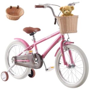 LSLIFE Girls Bike with Basket for 2-12 Years Old Kids 12" 14" 16" 18" 20" Kids Bicycle Adjustable Seat & Handlebars Pink Girls Bike with Stabilizers Double Brake