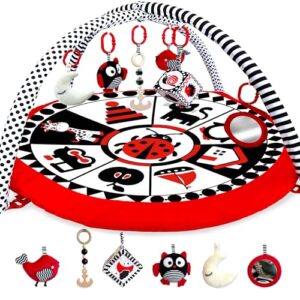 QUOKKA Padded Baby Mat for Floor Tummy Time - High Contrast Baby Kick and Play Mat - 6 Toys | Thick Pad | Machine Washable | Black White Red Colors for Vision Developme