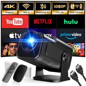 2025 Mini Projector 1920 * 1080P 4K Support Portable Projector with WiFi and Bluetooth 180° Adjustable Auto Keystone Miracast Airplay HDMI/TV Stick/USB/PS5/Laptop