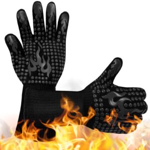 BBQ Gloves Grill Oven Gloves Heat Resistant to 800 C Kitchen Baking Grill Microwave Fireplace EN407 Certified (Black Flame)