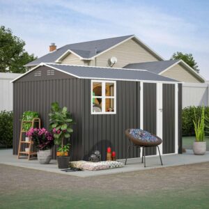 BIRCHTREE Garden Shed Steel Apex Roof House Outdoor Backyard Storage With Lockable Double Doors Window Free Foundation Tool Equipment Organizer Air Vents 10x8FT Anthracite