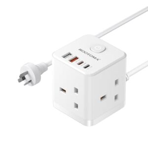 UK to Australia Plug Adapter with 1.5M Extension Cable 3 Way 4 Fast Charging USB (QC3.0/PD20W) Compact Cube Plug Adapter for New Zealand