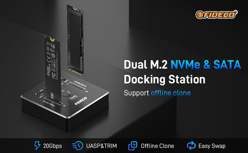 FIDECO Base de Conexión de M.2 NVMe SATA SSD, USB 3.2 Gen 2, 20Gbps