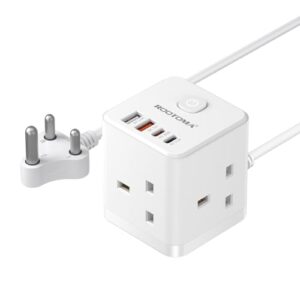 South Africa Plug Adapter with 1.5M Extension Cable 3 Way 4 Fast Charging USB (QC3.0/PD20W) Compact Cube Power Adapter for UK to South Africa