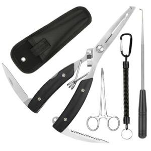 Annyswit 3 Pcs Portable Fishing Pliers Snips Set with Lanyard & Curved Fishing Forceps & Disgorger & Sheath Sea Fishing Multi Tool Pliers Hook Remover Line Cutter for Removing Hooks & Split Rings