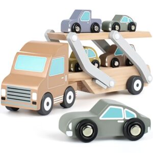 Wooden Toys Car Transporter Toy with 4 Cars Wooden Toys 1 2 3 Year Old Toy Cars for Toddlers Gifts for 3 Year Olds Boys Girls