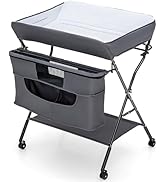 COSTWAY Baby Changing Table, Foldable Infant Care Station with Wheels, Adjustable Height, Storage...