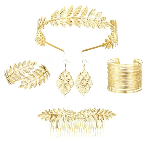 ORAZIO 6Pcs Greek Goddess Costume Accessories for Women Gold Leaf Headband Upper Arm Cuff Bracelet Gold Laurel Leaf Crown Headpiece Earrings Boho Party Halloween Toga Costume Jewellery Se