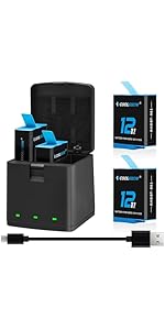 COOLSHOW Hero 12 Battery Hero 11/10/9 Battery Replacement 2 Packs and 3-Channel Storage Hero 12/1...
