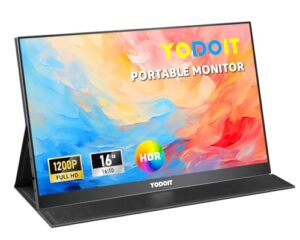 Yodoit Portable Monitor 16" 1920×1200 FHD Monitor Screen IPS Display with USB Type C Port and Built-in Speakers with Smart Cover Monitor Compatible with PC