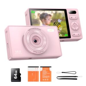 64GB Digital Camera for Kids: 48MP Anti-Shake Camera Photography Vlogging Camera for YouTube 16X Digital Zoom Photo Filtration Continuous Shooting Self-Timer Autofocus Compact Camera